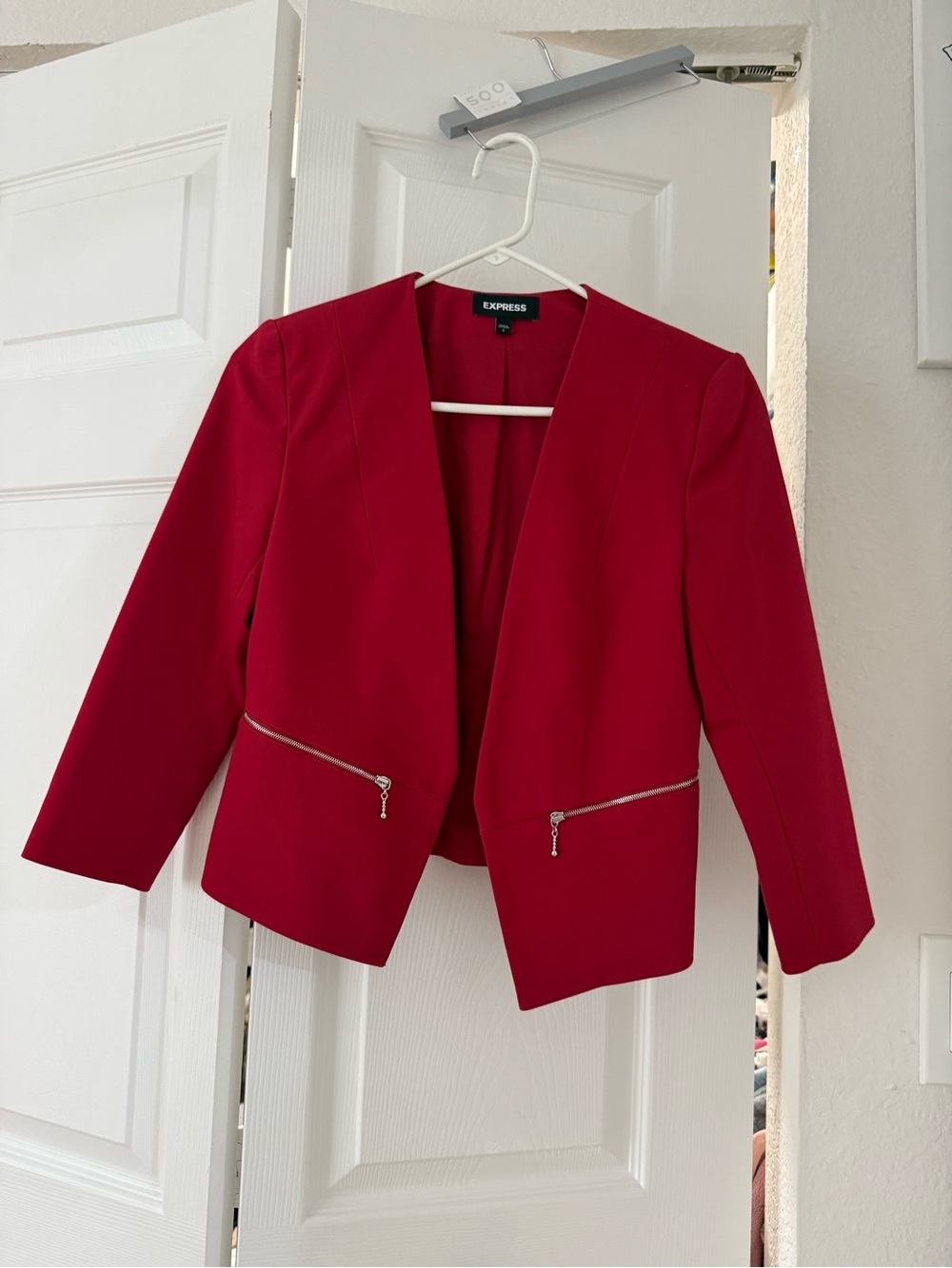 Express Red Open-Front Zip-Pocket Blazer